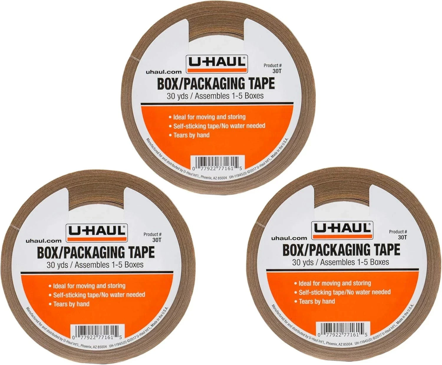 U-Haul Moving Box Tape Pack of 3 Rolls, 90 Yards Total, Easy Hand Tear