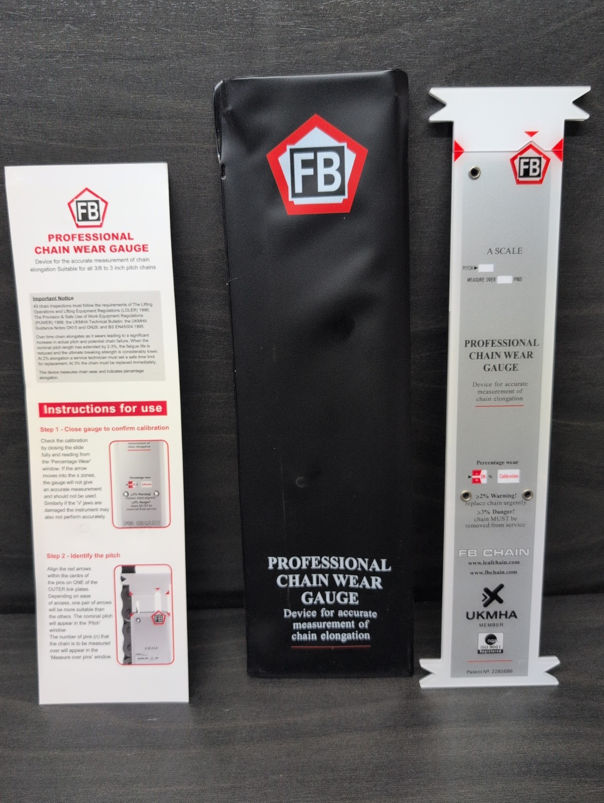 FB Professional Forklift Chain Wear Gauge A-Scale/B-Scale w/Sleeve &Insert Leaf