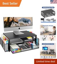 Sleek Black Laptop Stand with Adjustable Height and Built-in Storage Solutions picture
