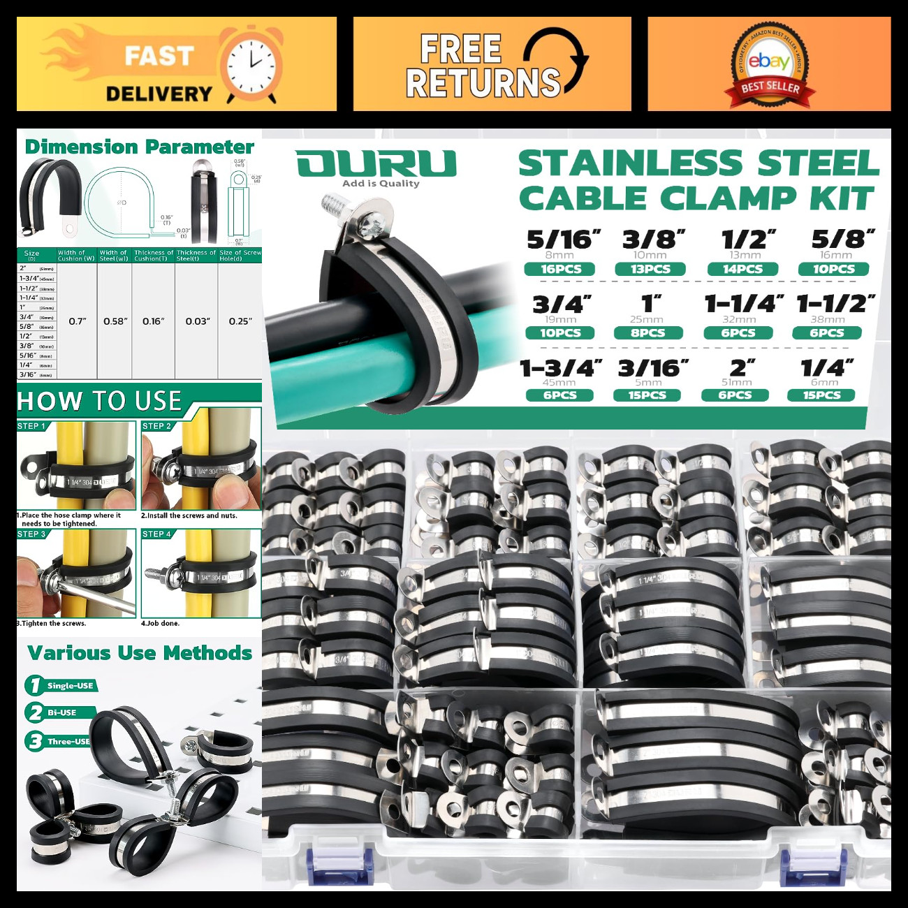 125PCS Rubber Coated Cable Clamps Assortment Kit, 1/4\