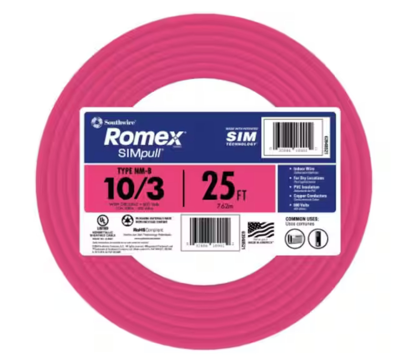 Romex NMB10/3 PINK Non-Metallic Cable, 10 AWG Wire, 3-Conductor, 25 ft L, Copper