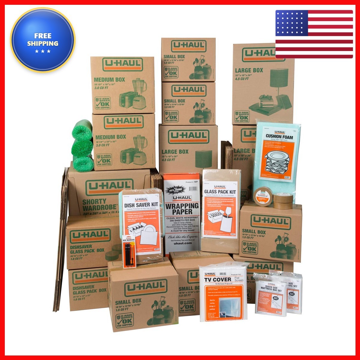 U-Haul Moving Kit - 36 Boxes, 2 Wardrobe Boxes, 2 Dish Packing Kits, 2 Mattress
