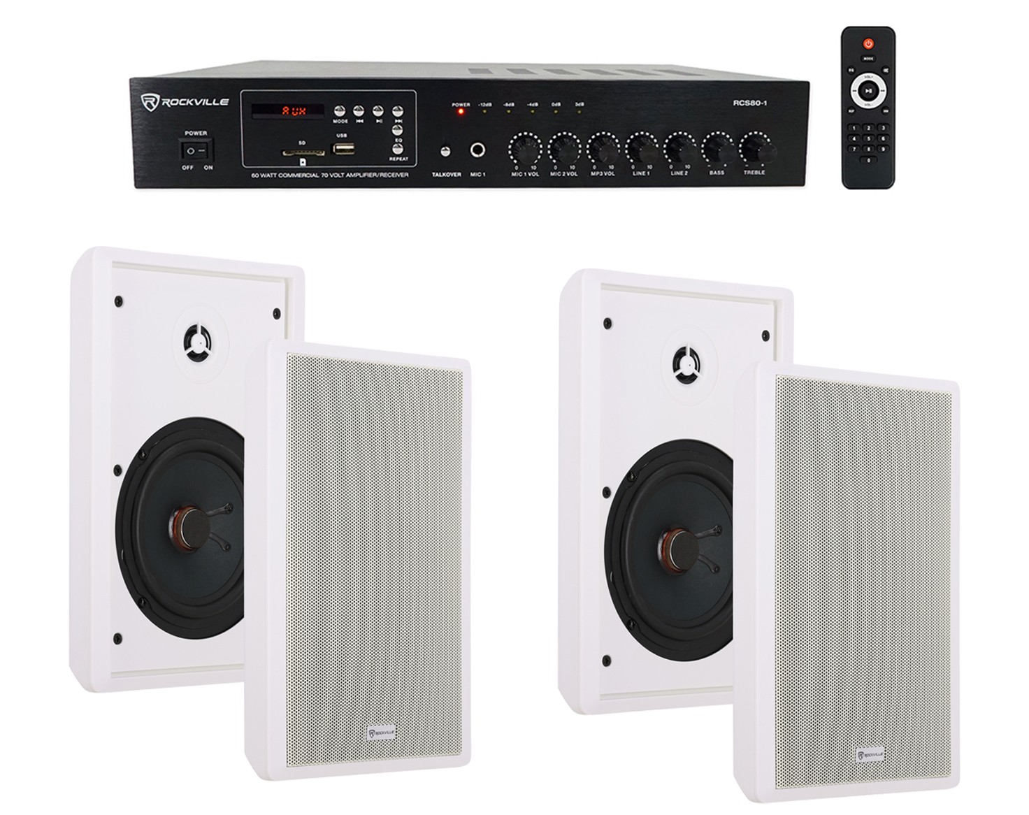 Rockville Commercial Amplifier+(4) Slim White Restaurant/Bar/Cafe Wall Speakers