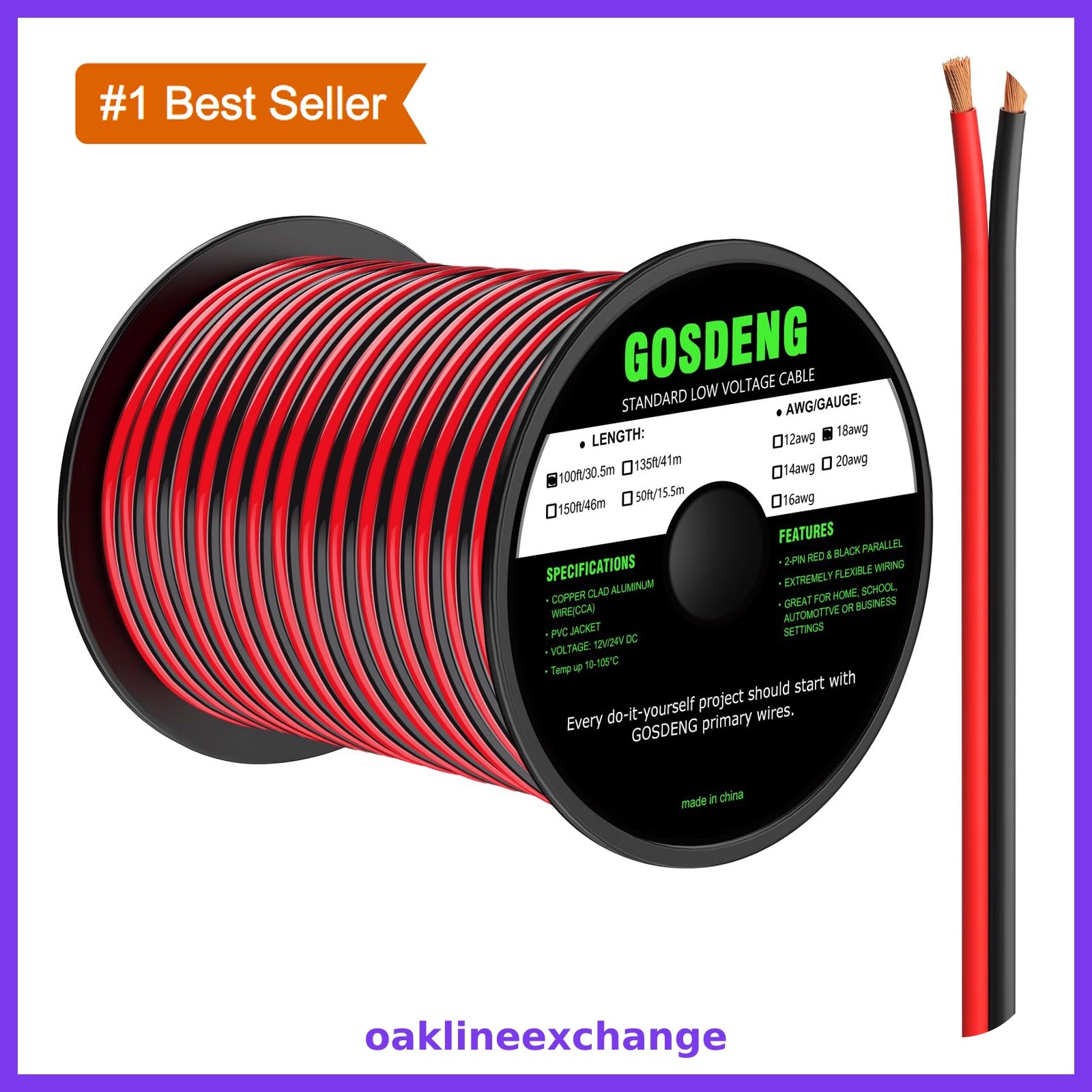 GOSDENG 18AWG-2C 100FT Electrical Wire Red Black CCA 18 Gauge GOSDENG 18AWG-2C 100FT Electrical Wire Red Black CCA 18 Gauge
