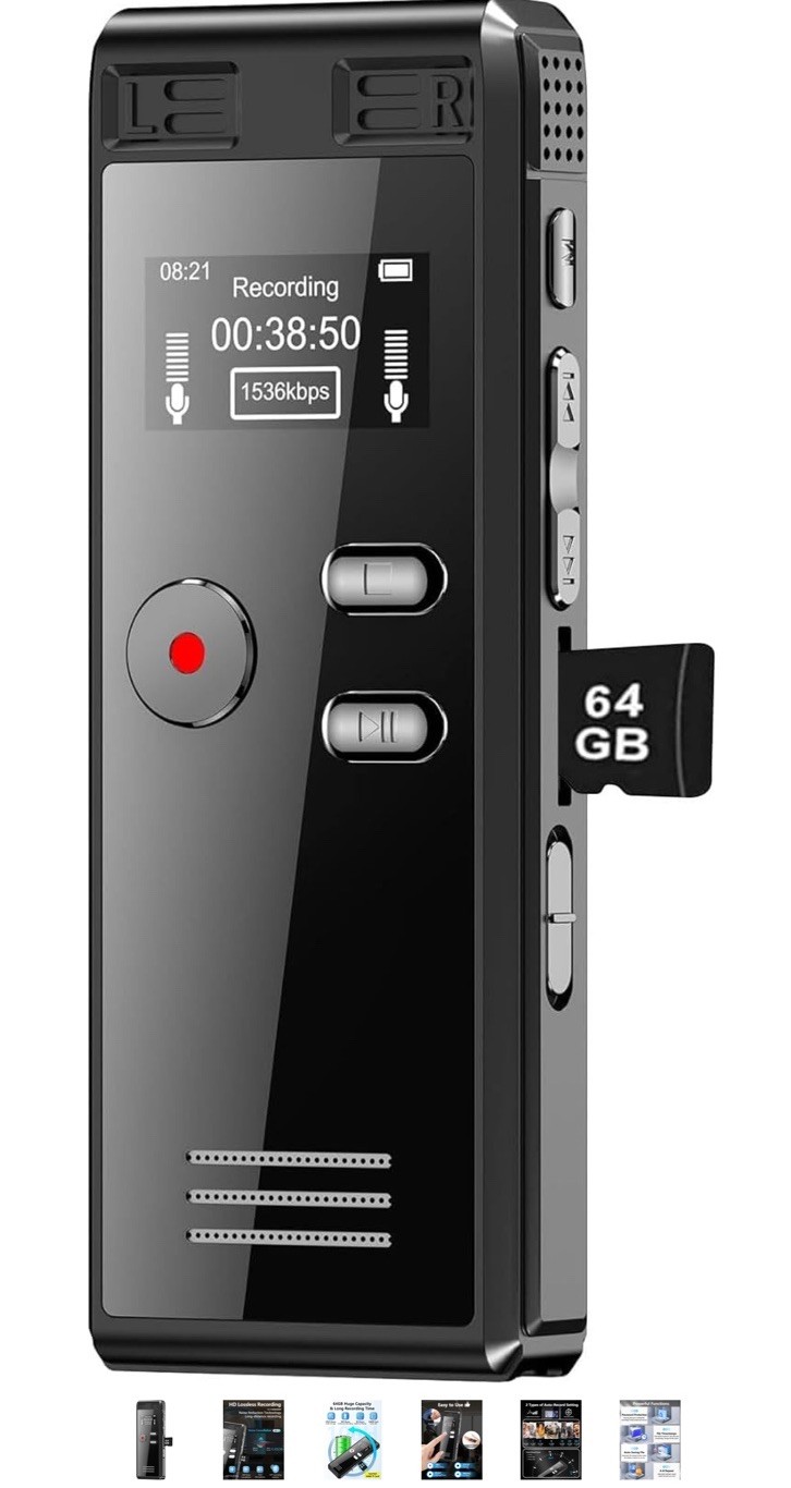 64GB Digital Recorder with Voice Activation - 4552 Hours for Lectures & Meetings