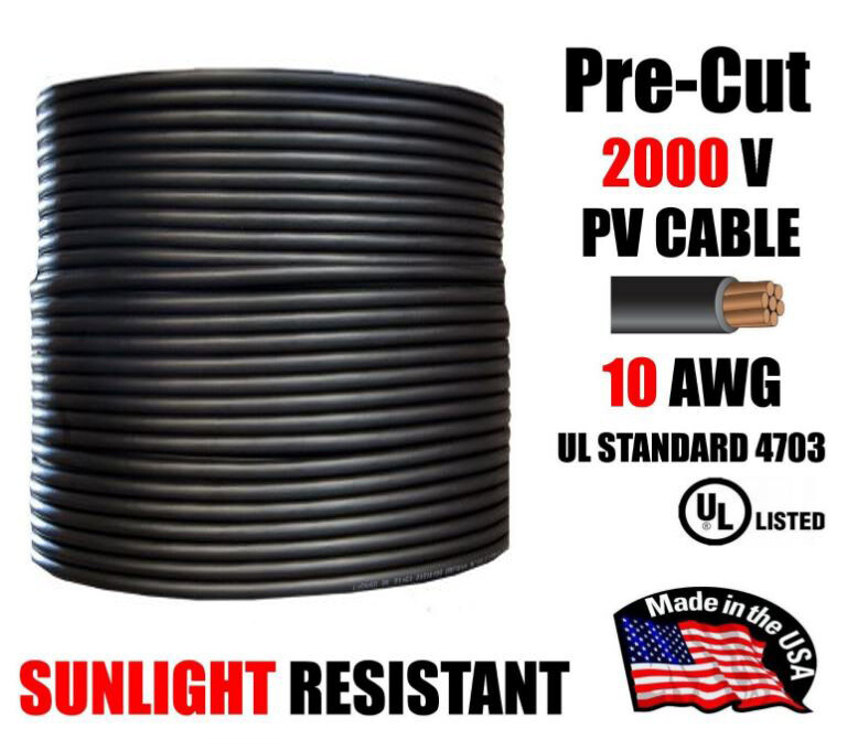 10 AWG PV Wire Black Solar Cable 1000/2000V Copper – Pre-Cut 50–500 Ft 10 AWG PV Wire Black Solar Cable 1000/2000V Copper – Pre-Cut 50–500 Ft