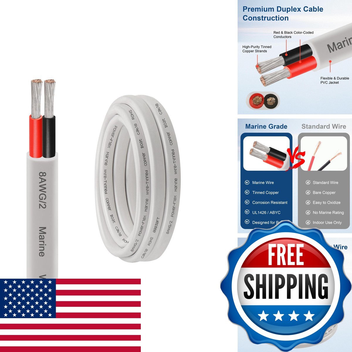 XRDS -RF 8 AWG Marine Wire 6FT, 2-Conductor (red & Black) Duplex Marine Grade