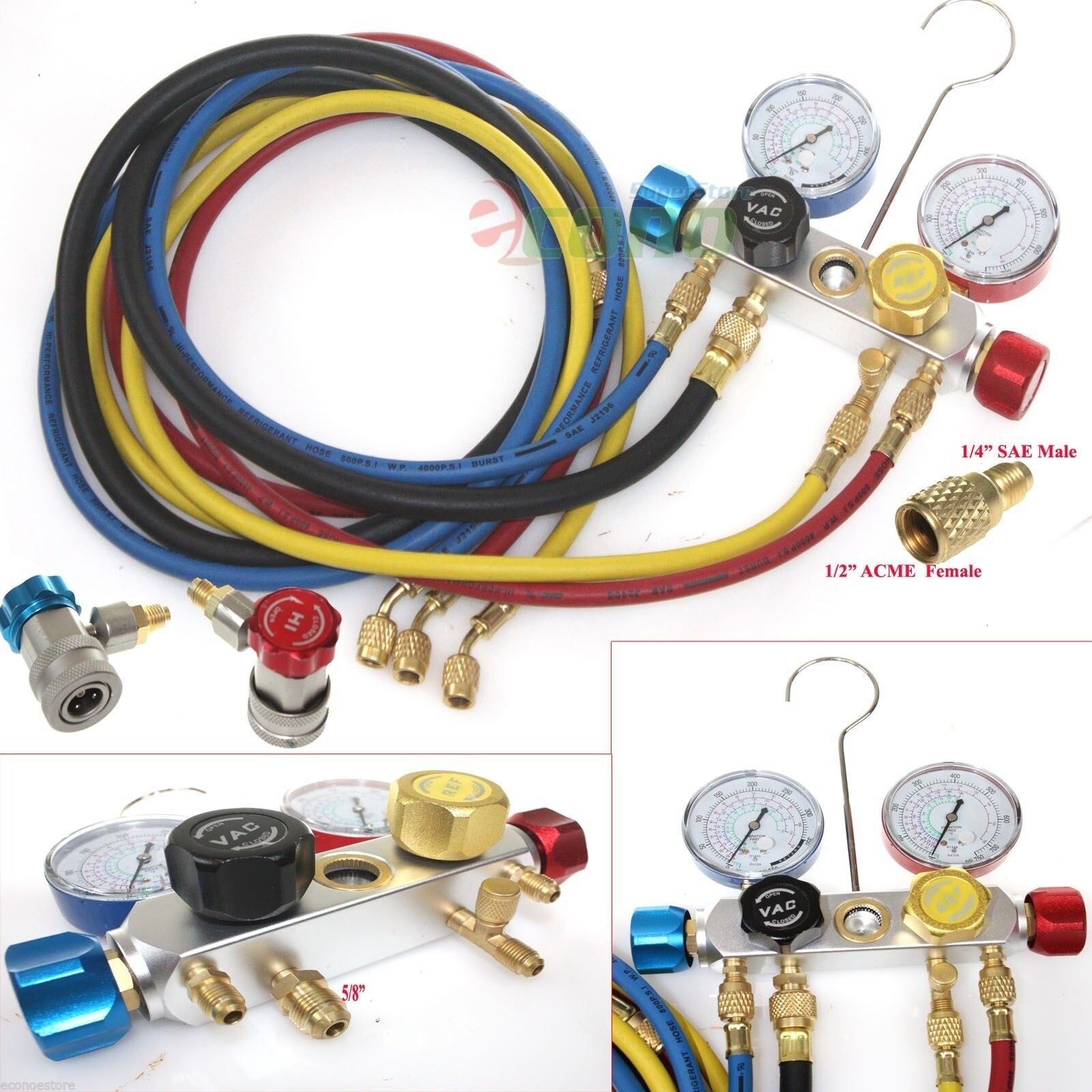 4 Way Mini Split AC Manifold Gauge Set R410a R22 R134a w/ Hoses Quick Adapters 4 Way Mini Split AC Manifold Gauge Set R410a R22 R134a w/ Hoses Quick Adapters