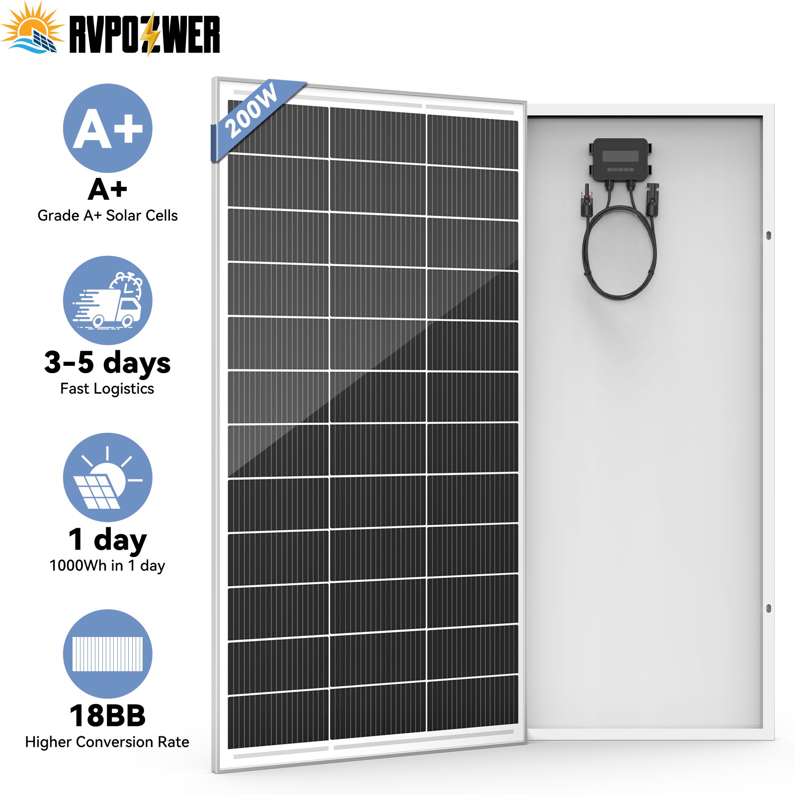 200W 12V Solar Panel 18BB Mono Battery Charge RV PV Home Off-Grid Battery Power